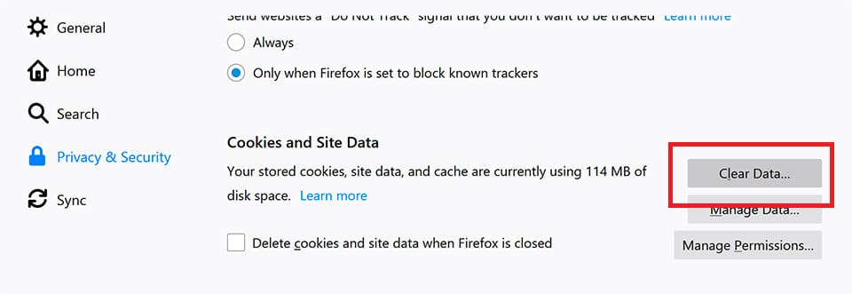 Firefox - Clear Cookies and Site Data